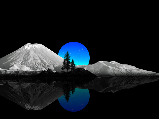 Нарисованные горы и луна на черном фоне