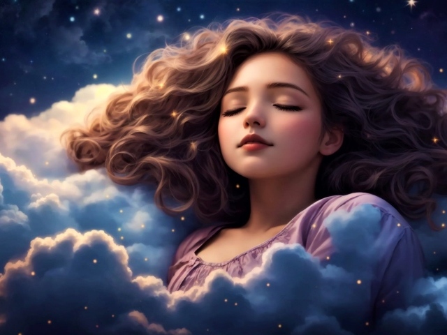 Нарисованная девушка спит в белых облаках