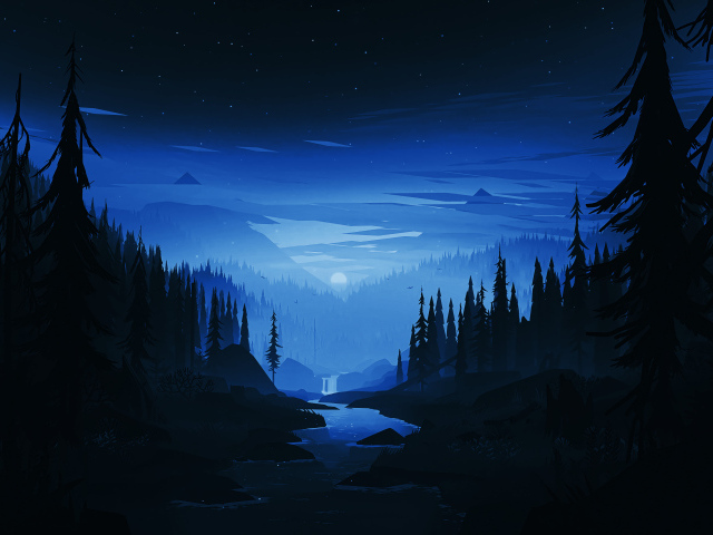 Нарисованный ночной лес у гор