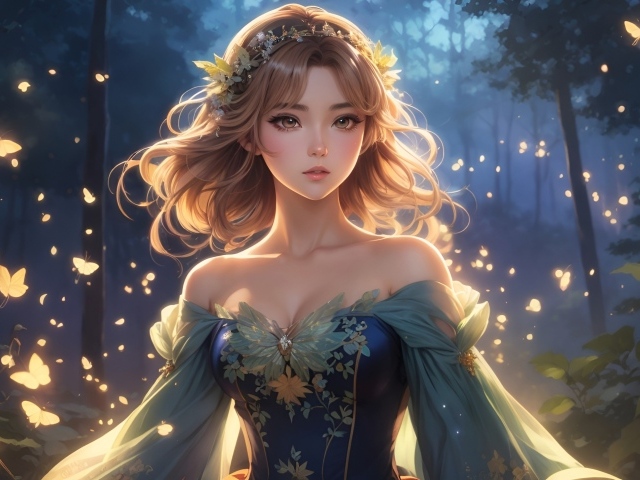 Фантастическая девушка в красивом платье в лесу