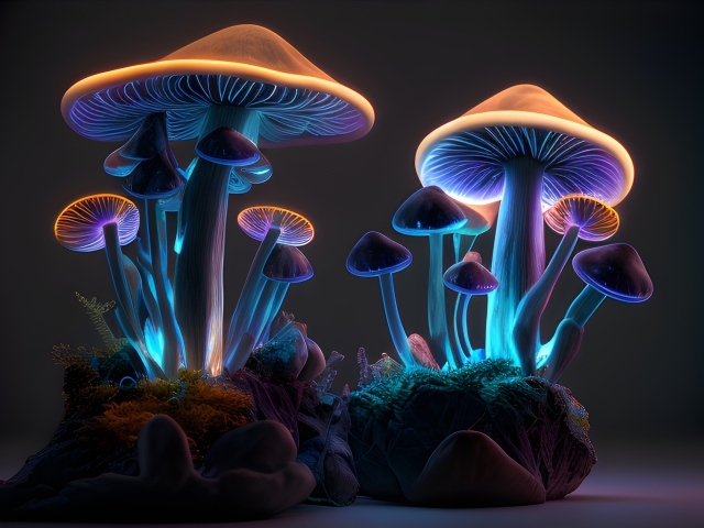 Фантастические неоновые грибы на сером фоне