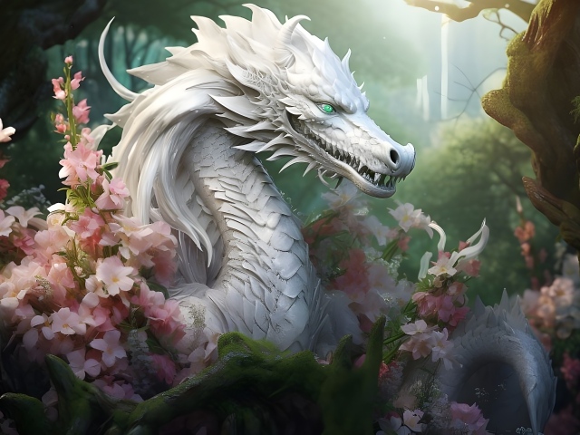 Фантастический белый дракон в розовых цветах