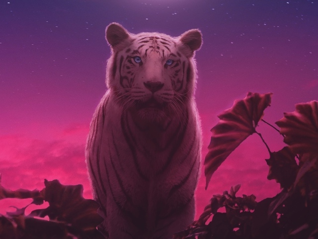 Фантастический тигр с зелеными листьями ночью
