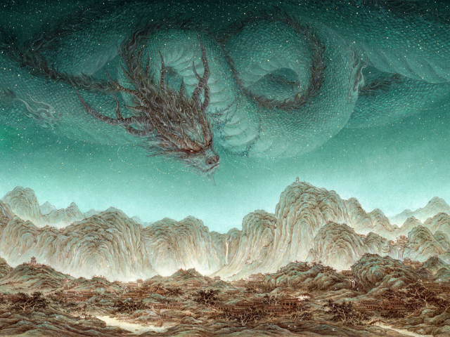 Волшебный дракон летает над горами