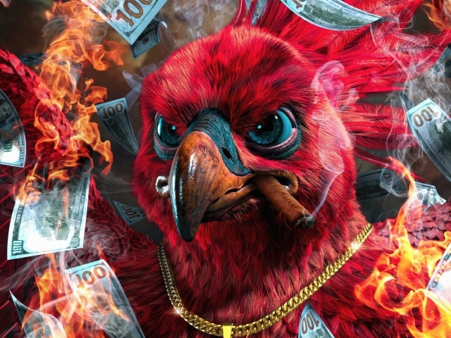 Красный феникс с долларами 