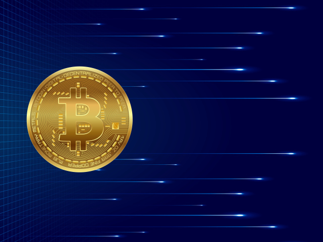 Золотая монета биткоин на синем фоне с яркими линиями