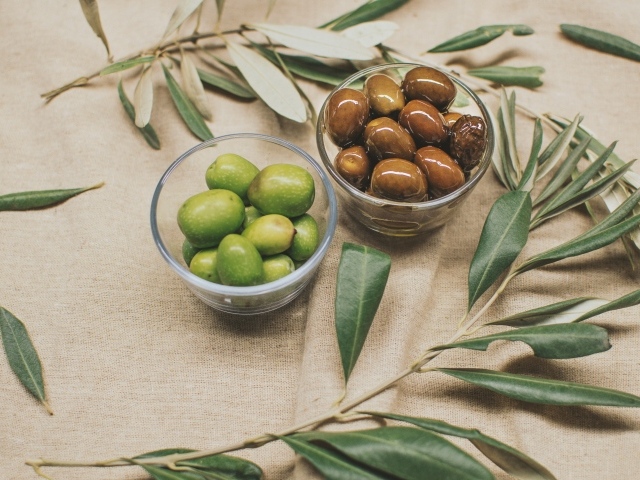 Оливки на столе с ветками