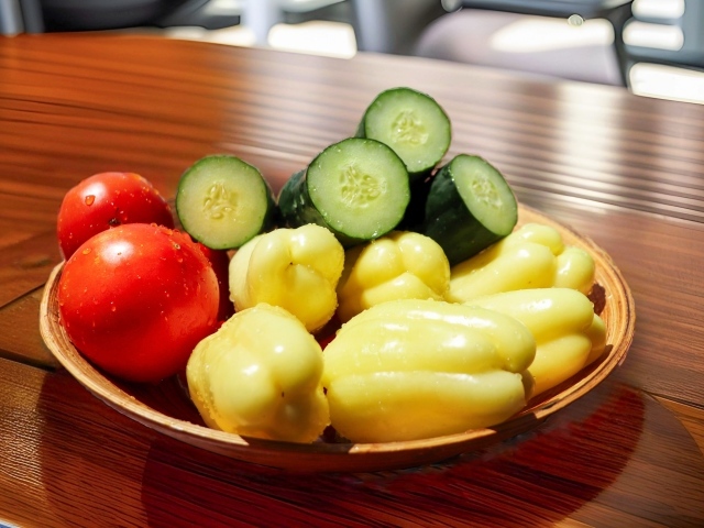 Перец, помидоры и зеленые огурцы на тарелке на столе