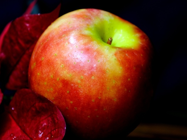 Аппетитное красное яблоко на черном фоне