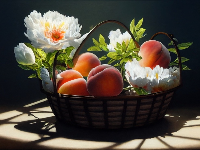 Спелые сладкие персики в корзине с цветами