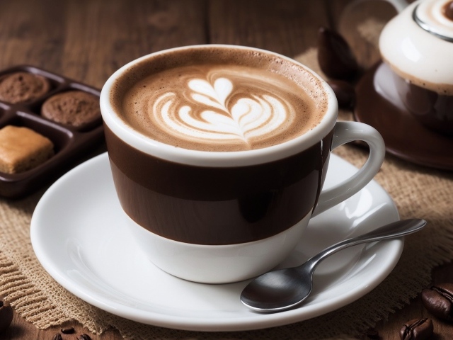 Чашка кофе с рисунком на пене на столе с конфетами