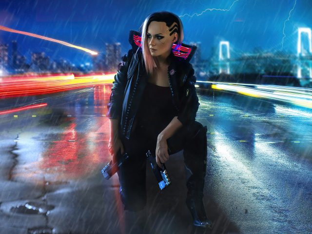 Девушка сидит на дороге, компьютерная игра cyberpunk 2077