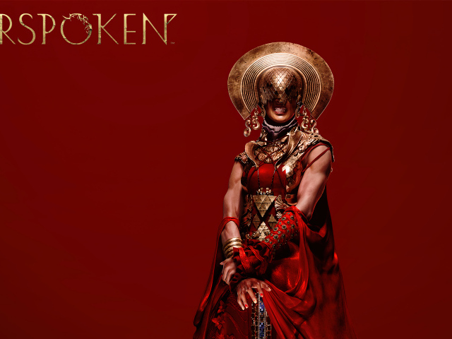 Персонаж компьютерной игры Forspoken на красном фоне