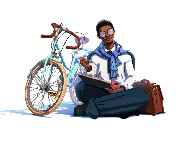 Персонаж компьютерной игры Season: A Letter to the Future   с велосипедом