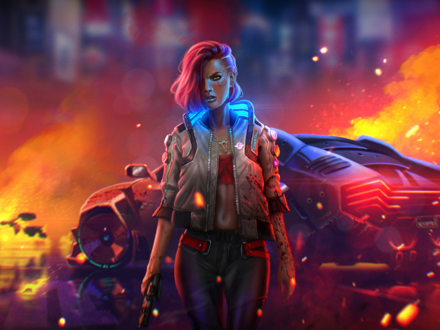 Девушка на фоне машины компьютерная игра Cyberpunk 2077