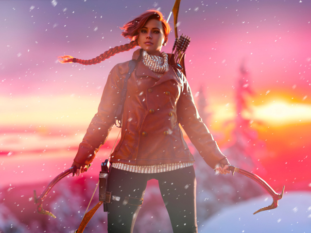 Грозная девушка 3д с оружием в руках зимой