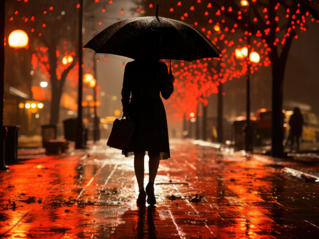 Девушка идет под зонтом ночью в парке