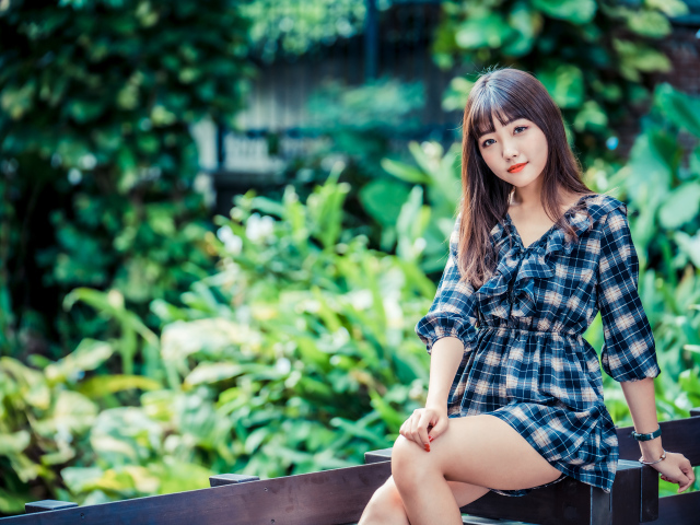 Молодая девушка в клетчатом платье сидит на заборе