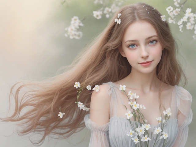 Красивая голубоглазая длинноволосая девушка в белых цветах