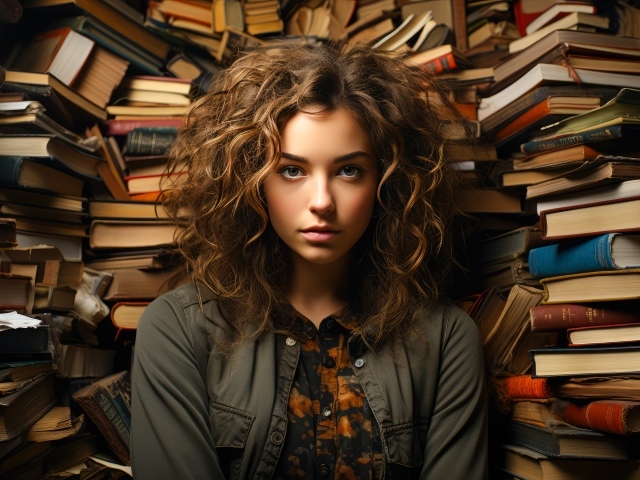 Красивая девушка с кудрявыми волосами на фоне книг