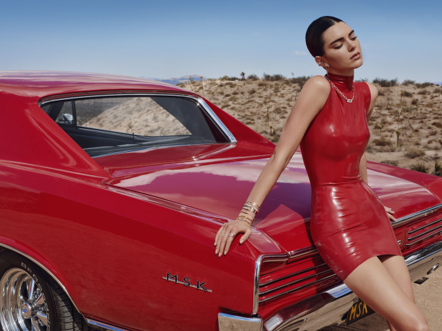 Модель Кендалл Дженнер стоит у красного автомобиля