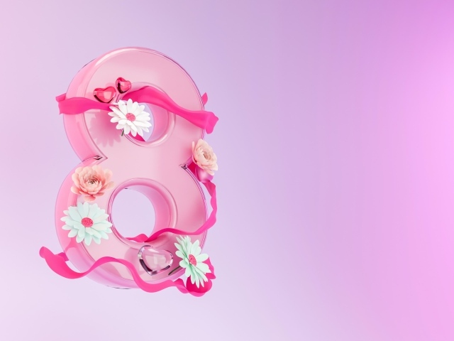 Розовая 3д восьмерка с цветами и лентами