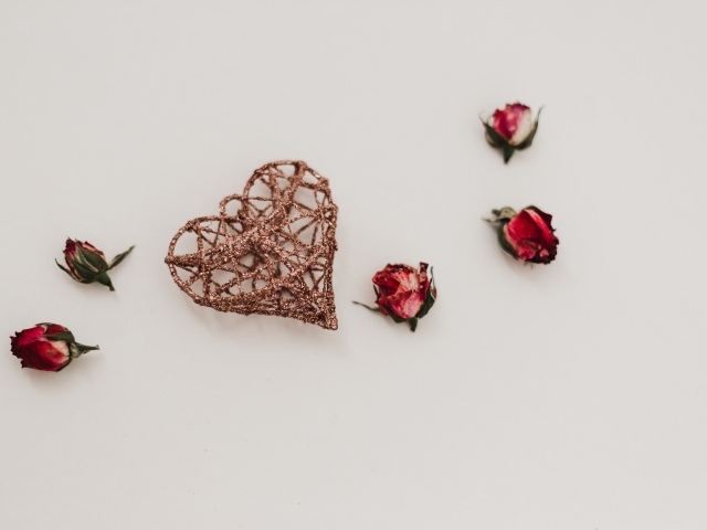 Сердце из проволоки с сухими цветами на сером фоне