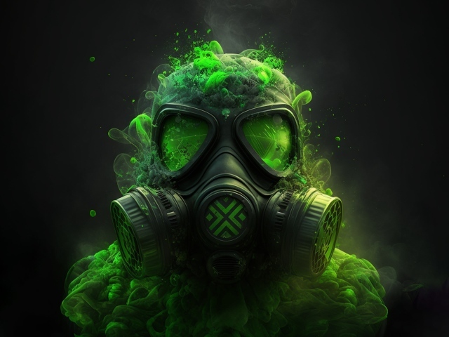 Мужчина в противогазе с зеленым ядовитым дымом