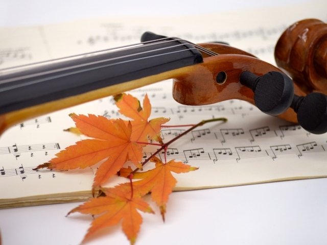 Скрипка на столе с листьями и нотами