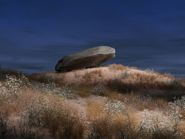 Большой камень лежит на траве ночью
