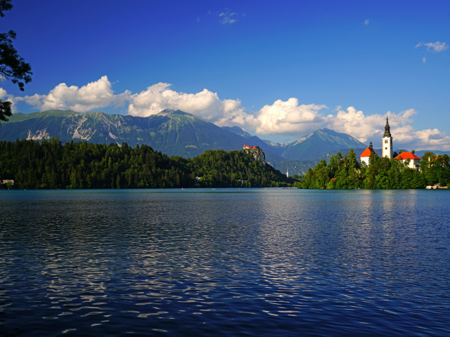 Красивый вид на озеро и покрытые зеленью горы