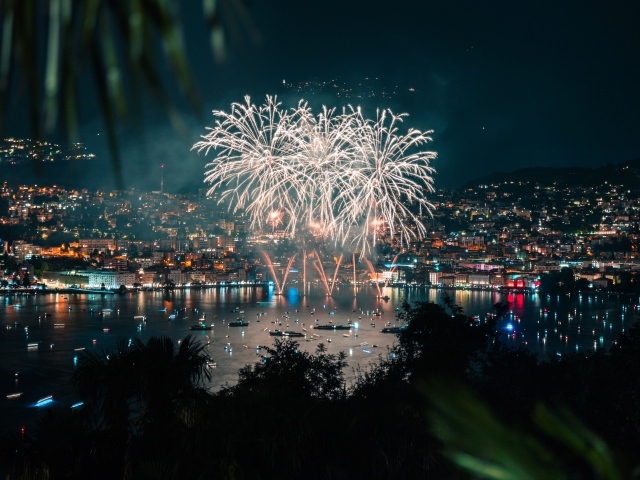 Яркий праздничный салют над озером