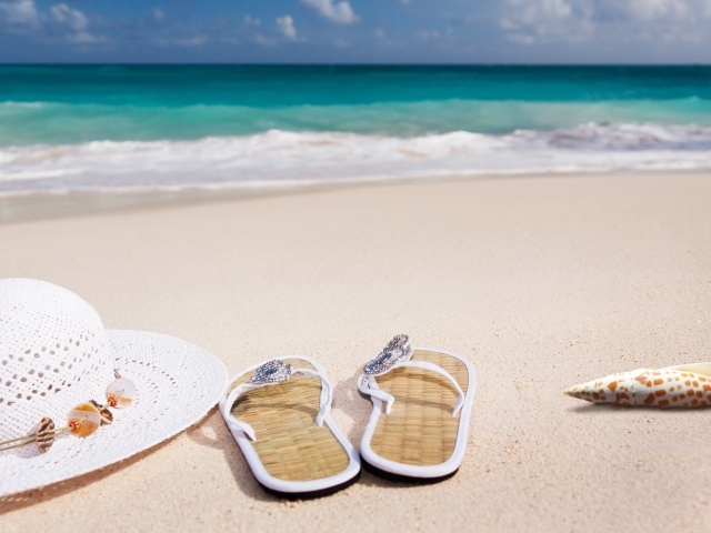 Шлепанцы, шляпа и ракушки на песке у моря