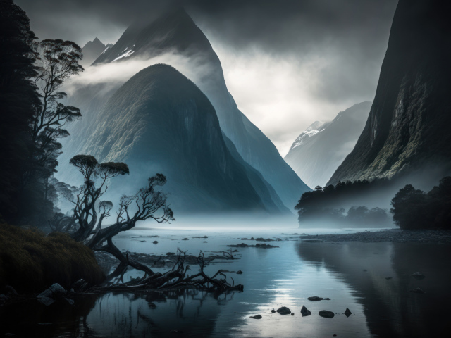 Белый туман над озером в горах