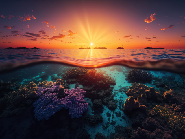 Красивые кораллы на берегу моря на закате