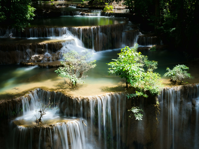 Водопад стекает по лесным порогам