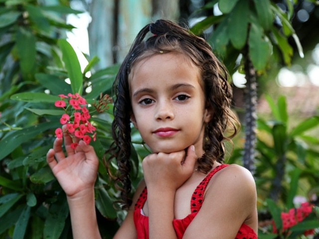 Девочка стоит у ветки с красными цветами