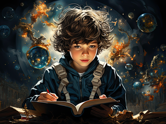 Маленький мальчик фантазер с книгой