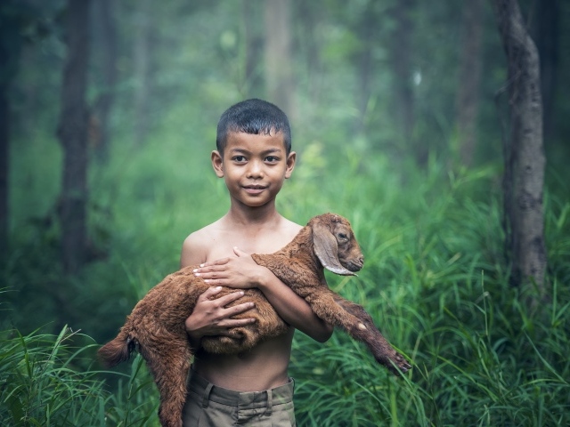 Маленький мальчик с ягненком на руках