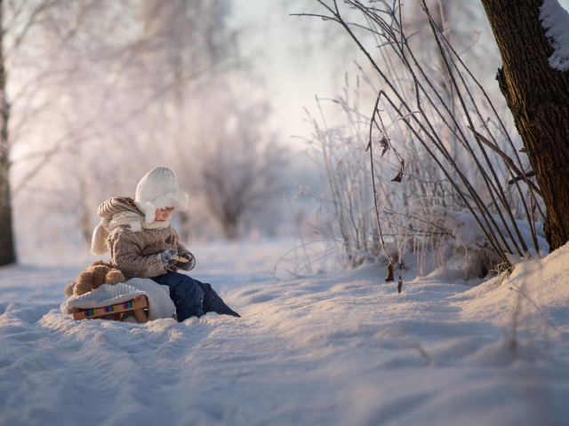 Маленький ребенок на санках в зимнем лесу 