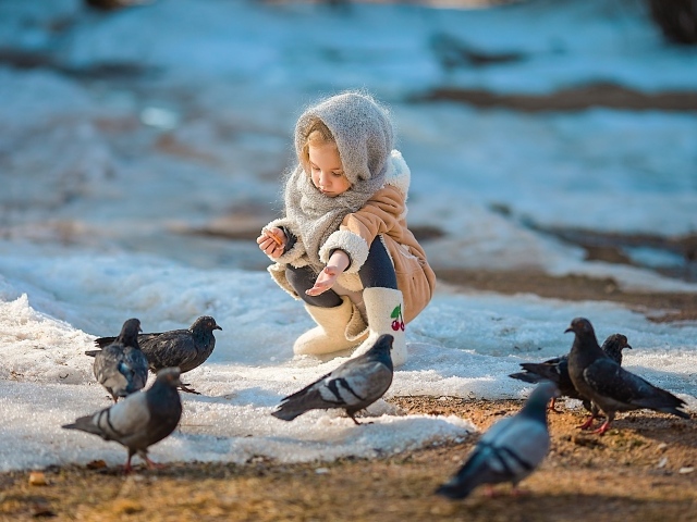 Маленькая девочка кормит голубей зимой