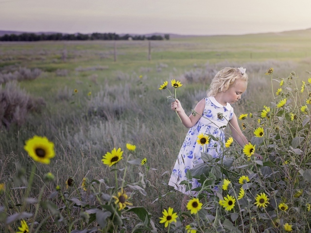 Маленькая девочка собирает желтые цветы