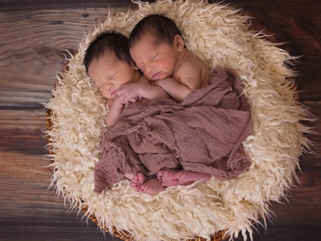 Маленькие новорожденные близнецы на меховой подушке