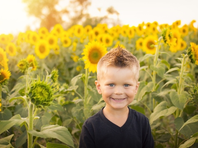 Маленький улыбающийся мальчик на фоне подсолнухов