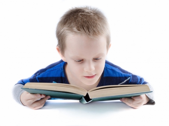 Школьник читает книгу на белом фоне