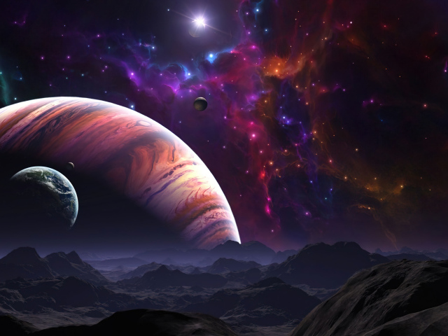 Вид на планеты и звездную туманность в космосе