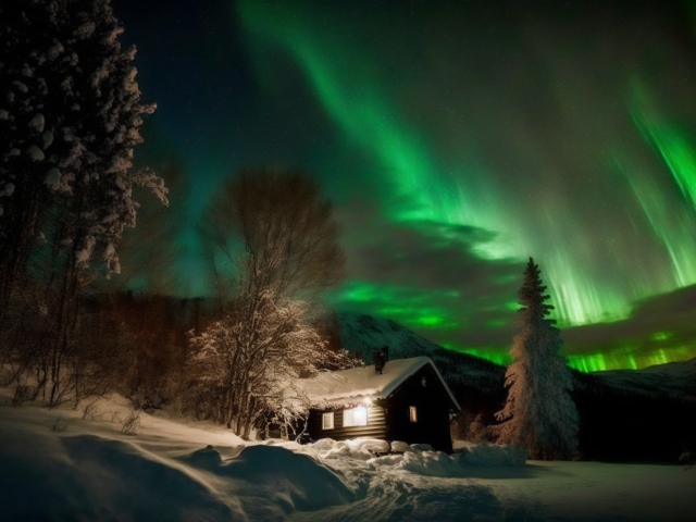 Красивое зеленое полярное сияние над заснеженным домом