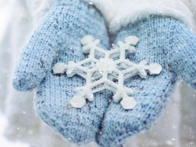 Голубые варежки на руках с белой снежинкой