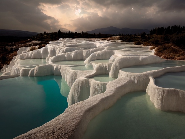 Красивый курорт Памуккале под грозовым небом Турция