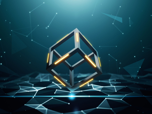 Абстрактный летающий куб на сером фоне